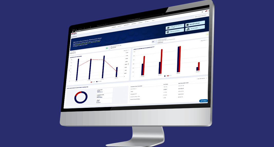 a 4K computer screen displays the PharmaLogistics portal data dashboard